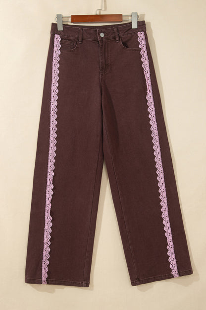 Coffee Lace Trim Casual Full-Length Regular Fit Jeans