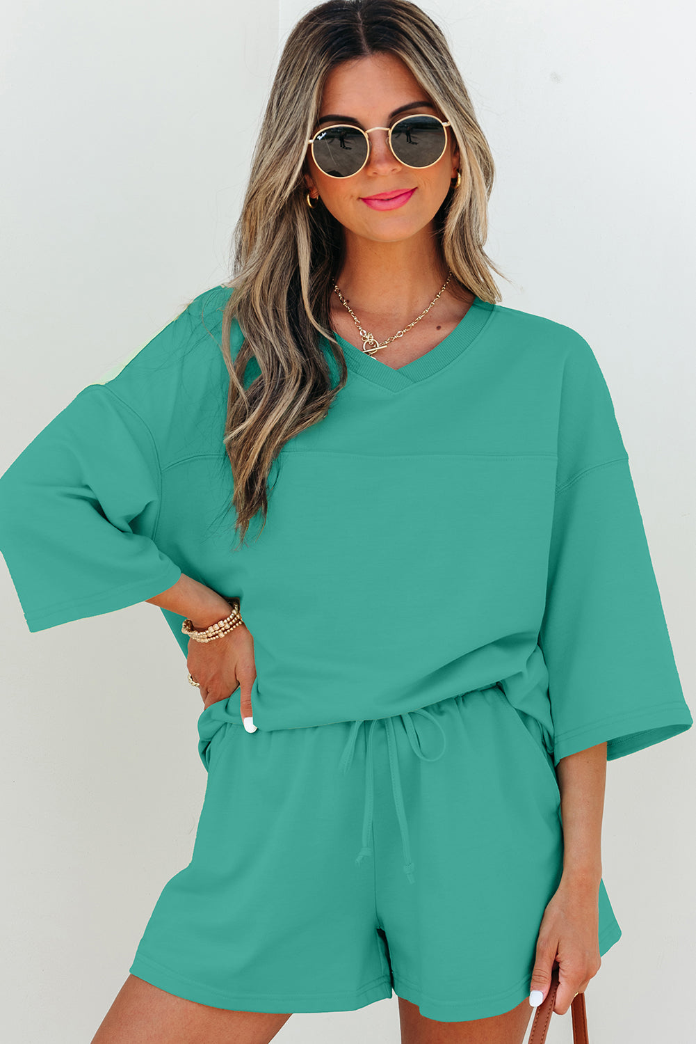 Sea Green Solid Loose V Neck Half Sleeve Tee and Shorts