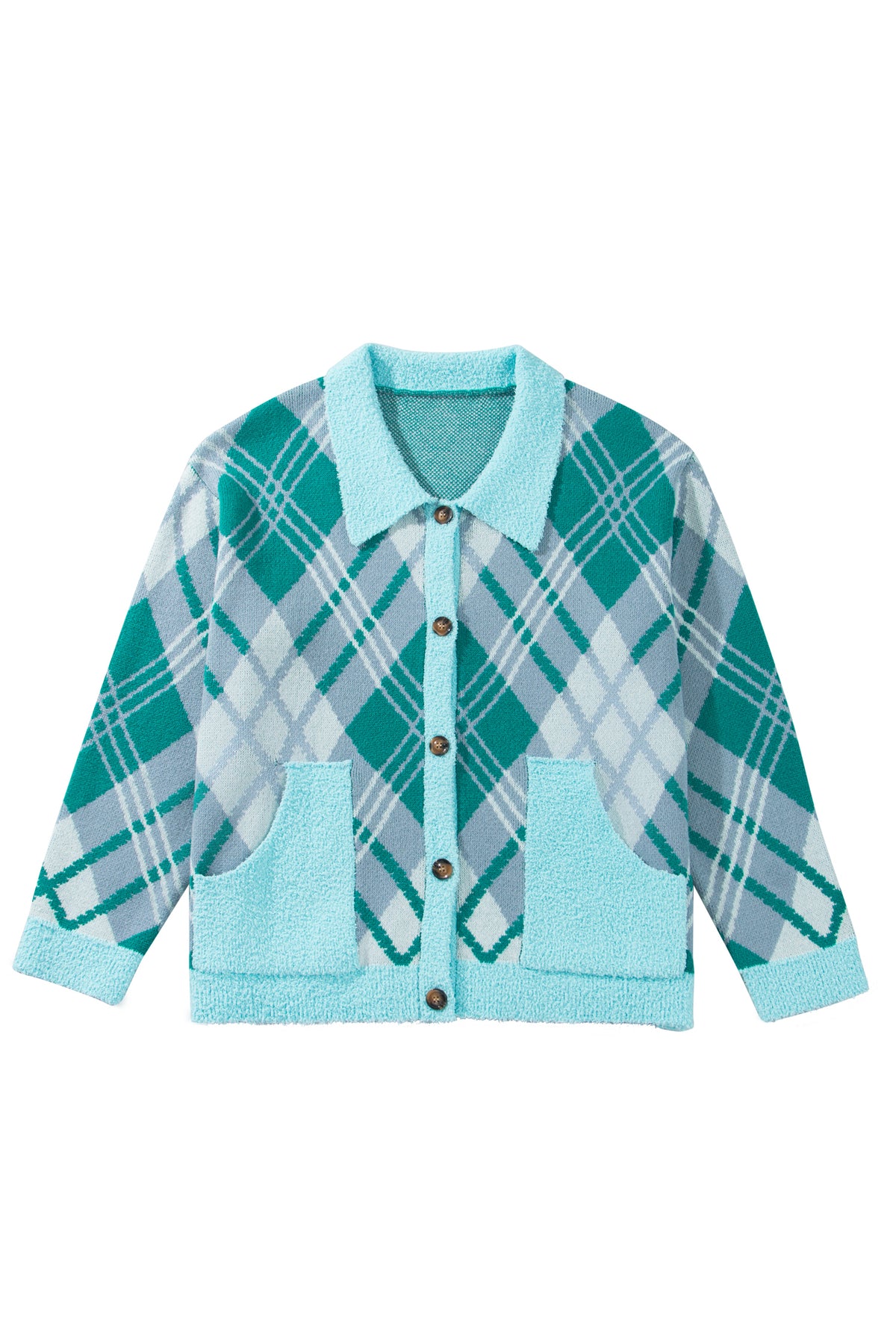 Green Plaid V Neck Long Sleeve Shift Cardigan Sweater