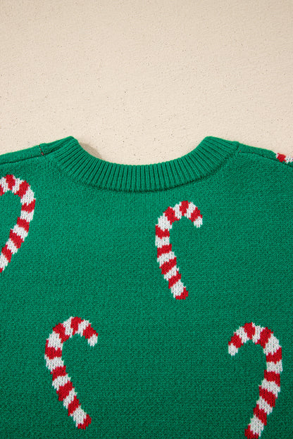 Dark Green Christmas Candy Cane Holiday Drop Shoulder Sweater