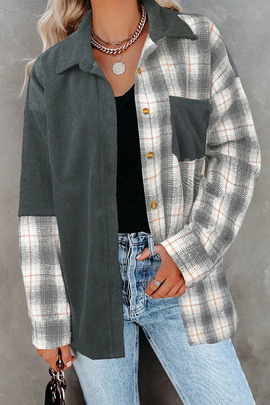 Gray Plaid Color Block Button-up Oversize Corduroy Shacket - Chic Meadow Boutique 