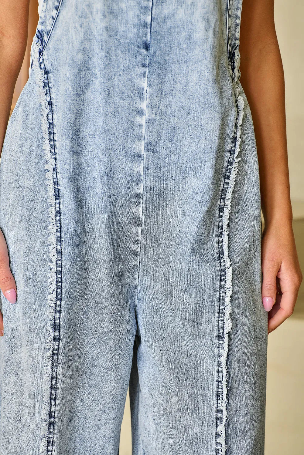 Beau Blue Light Wash Frayed Exposed Seam Wide Leg Denim Overall - Chic Meadow Boutique 