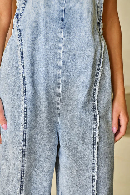 Beau Blue Light Wash Frayed Exposed Seam Wide Leg Denim Overall - Chic Meadow Boutique 