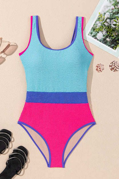 Rose Red Textured Color Block Patchwork One Piece Swimsuit