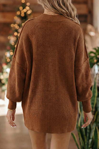 Chestnut Long Sleeve Ribbed Knit Stand Neck Regular Fit Pullover Sweater