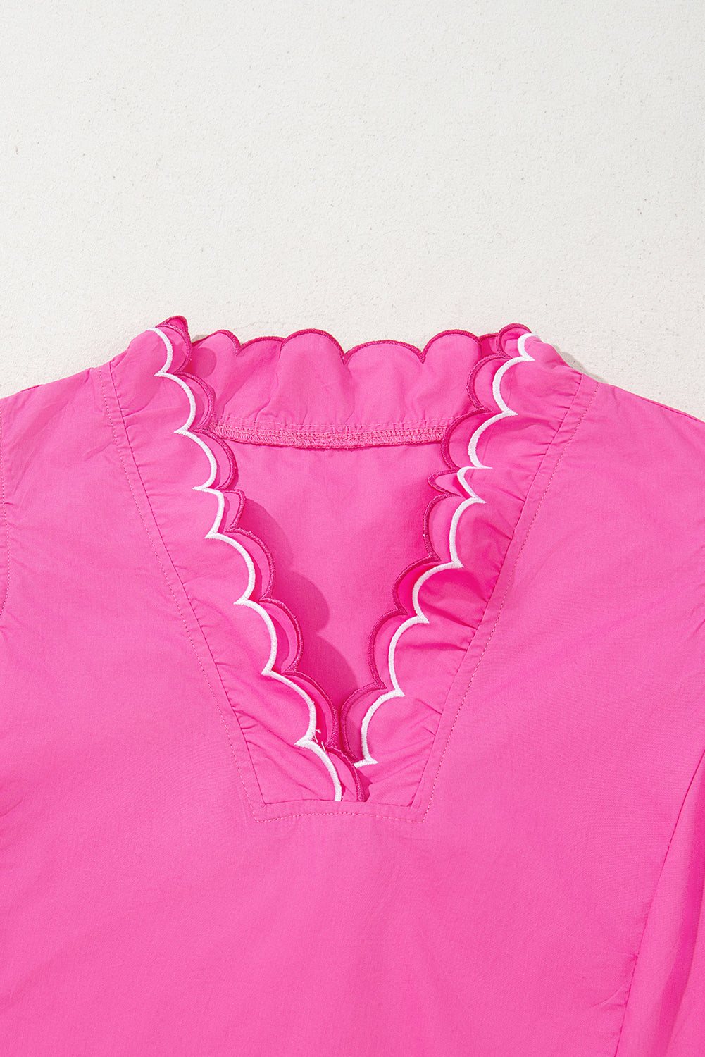 Bright Pink Contrast Scallop Trim Layered Short Sleeve V Neck Blouse