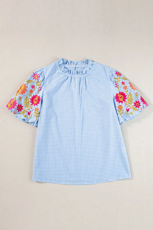 Light Blue Gingham Floral Embroidered Puff Sleeve Blouse - Chic Meadow Boutique 