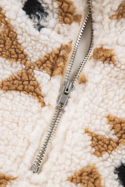 Khaki Aztec Print Sherpa Quarter Zip Collar Sweatshirt