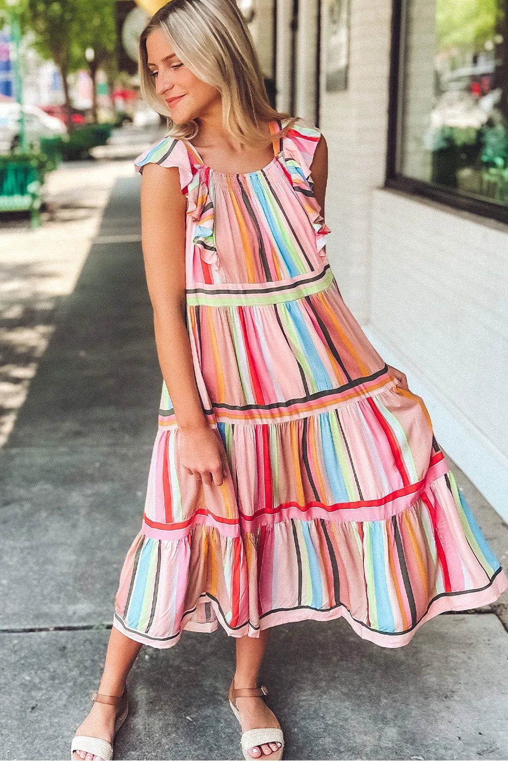 Pink Rainbow Stripe Ruffles Ruched Tiered Dress - Chic Meadow Boutique 