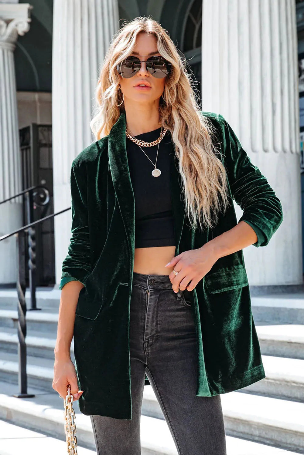 Green Casual Pocketed Velvet Blazer - Chic Meadow Boutique 