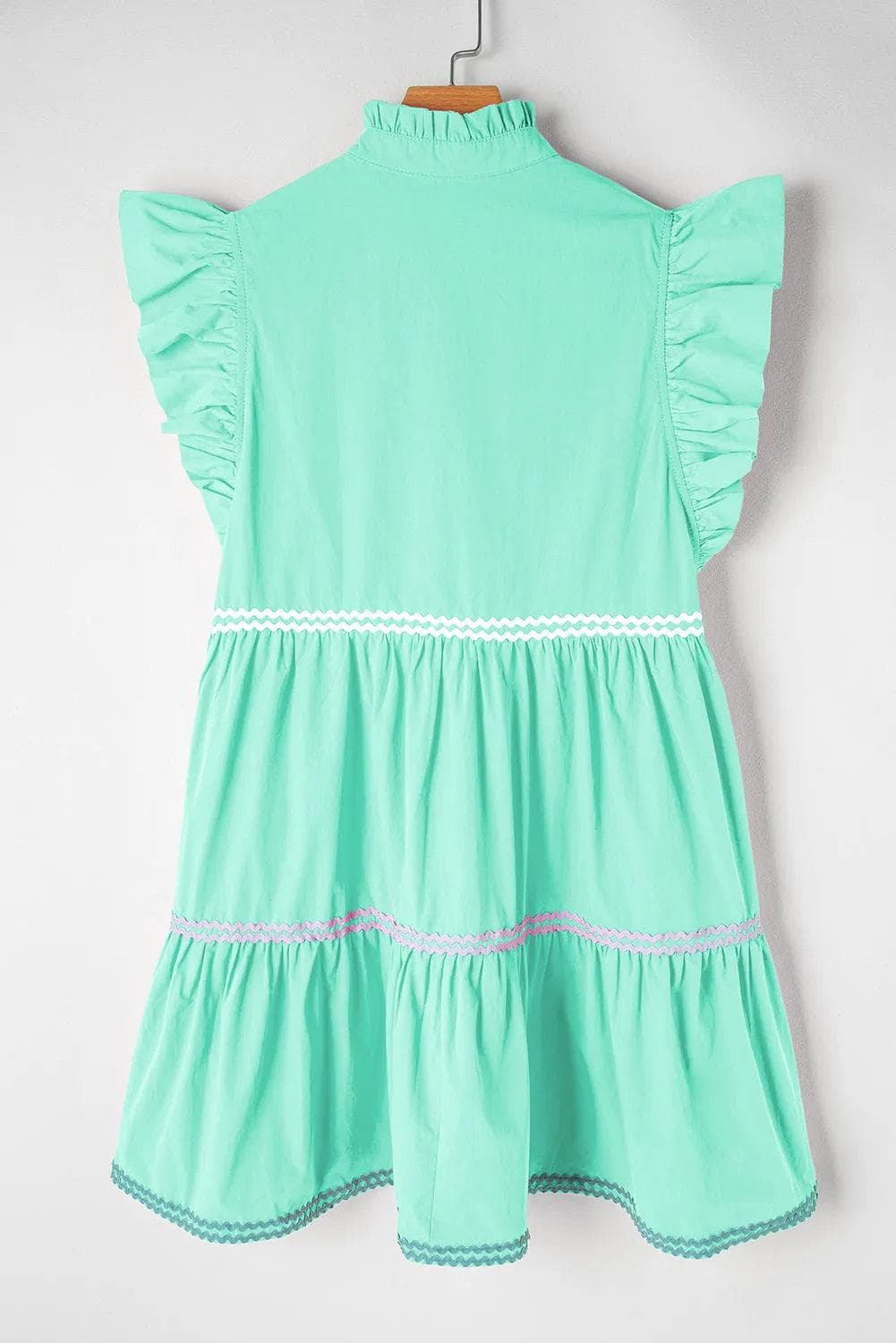 Dresses/Mini Dresses Mint Green Ric Rac Colorblock Flutter Sleeve V Neck Tiered Dress