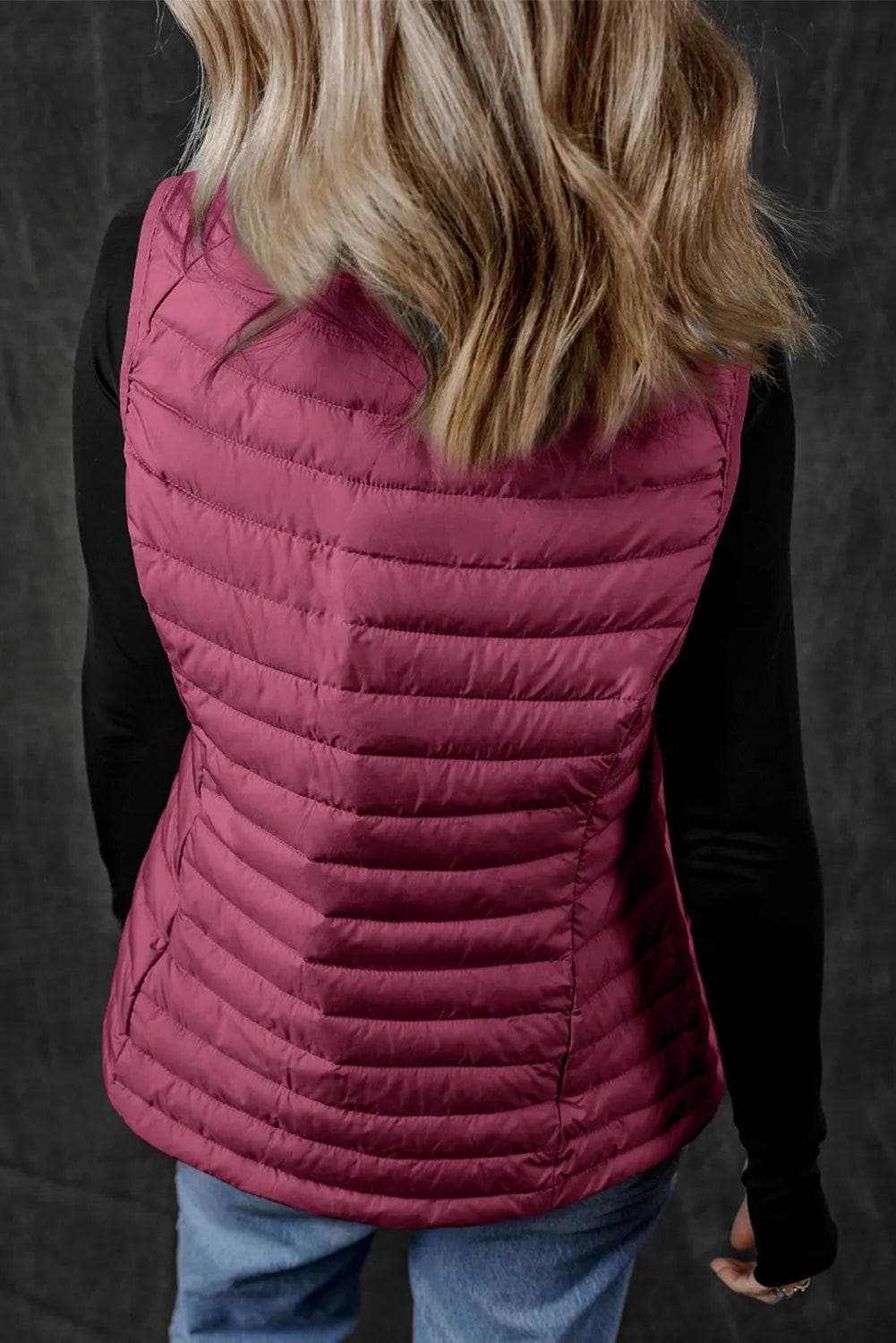 Outerwear/Vests Burgundy Plush Collared Quilted Zipped Puffer Vest