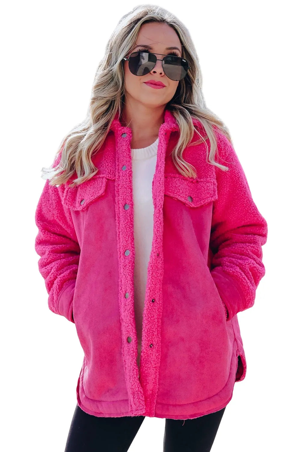 Bright Pink Faux Suede Sherpa Patchwork Button-up Shacket - Chic Meadow Boutique 