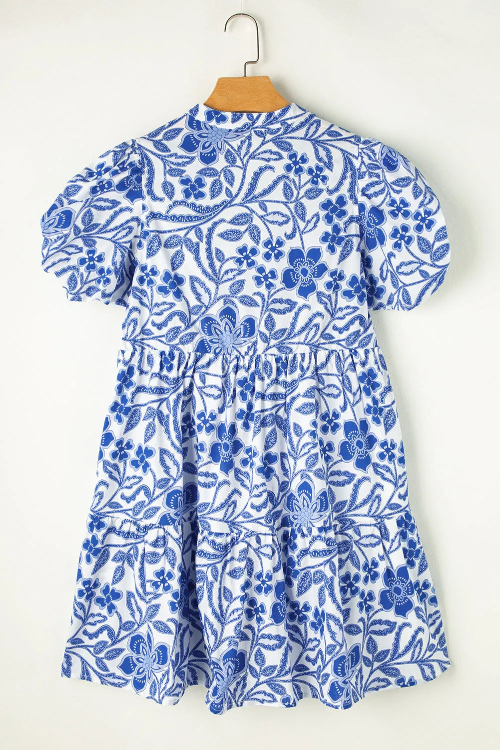 Blue Flower Print Puff Sleeve Tiered Dress - Chic Meadow Boutique 