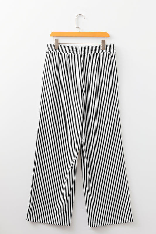 Black Stripe Elastic High Waist Pocketed Loose Pants
