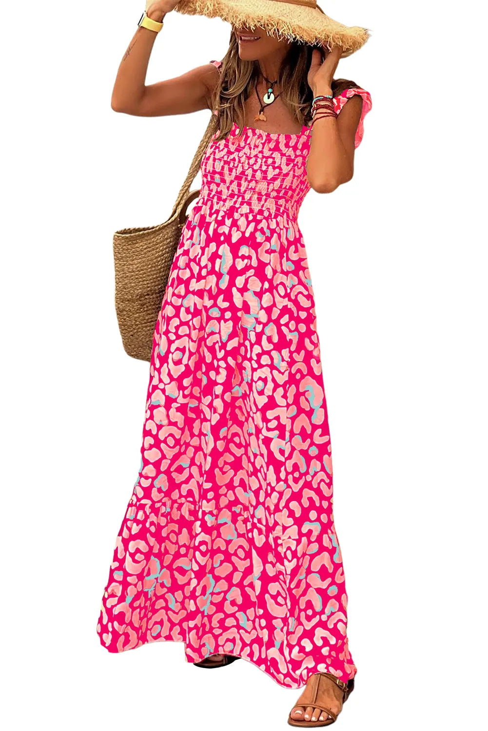 Pink Leopard Ruffle Straps Smocked High Waist Long Dress - Chic Meadow Boutique 