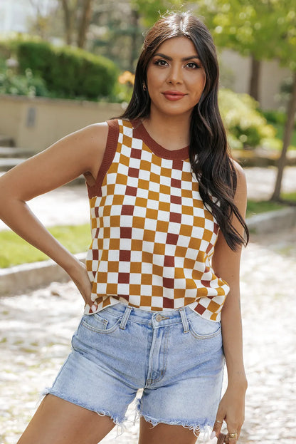 Brown Checkered Ribbed Trim Knit Sweater Vest - Chic Meadow Boutique 