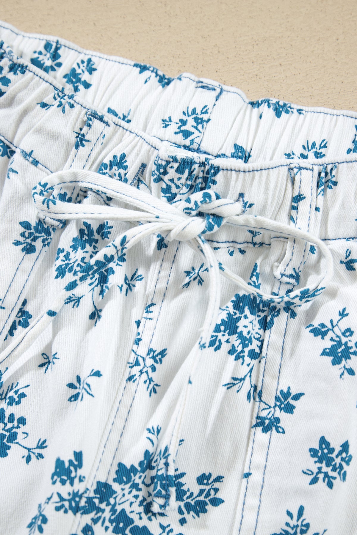 Sky Blue Floral Print Tie Waist Straight Leg Jeans