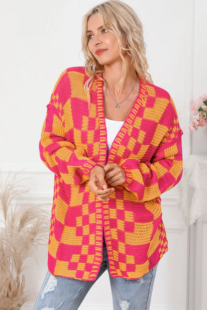 Multicolor Open Front Mixed Checkered Pattern Knit Cardigan - Chic Meadow Boutique 