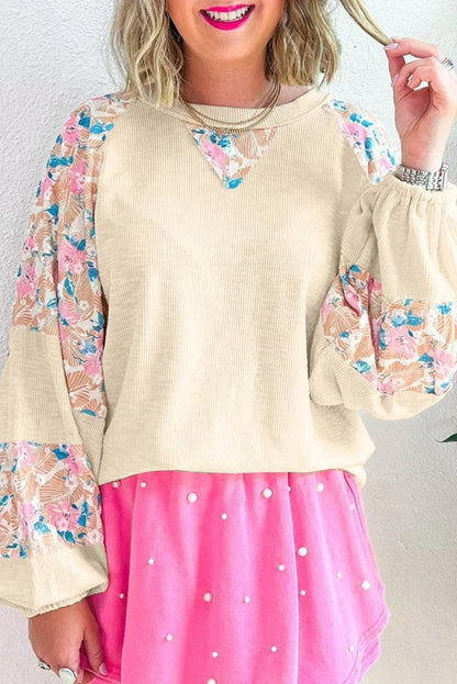 Tops/Blouses & Shirts Apricot Textured Floral Patchwork Balloon Sleeve Blouse