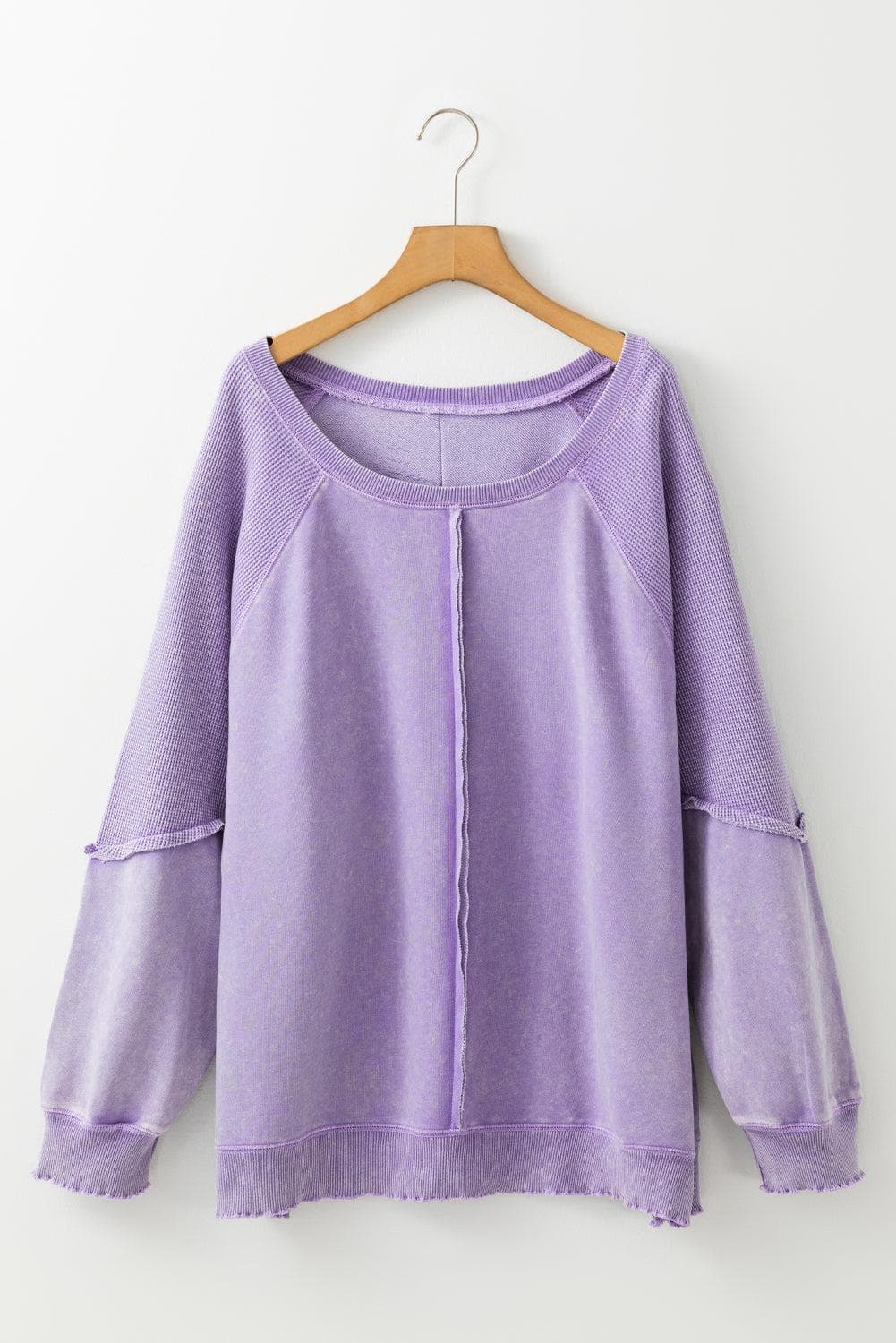 Plus Size/Plus Size Sweatshirts & Hoodies Orchid Petal Textured Patchwork Frilled Trim Plus Size Pullover Sweatshirt