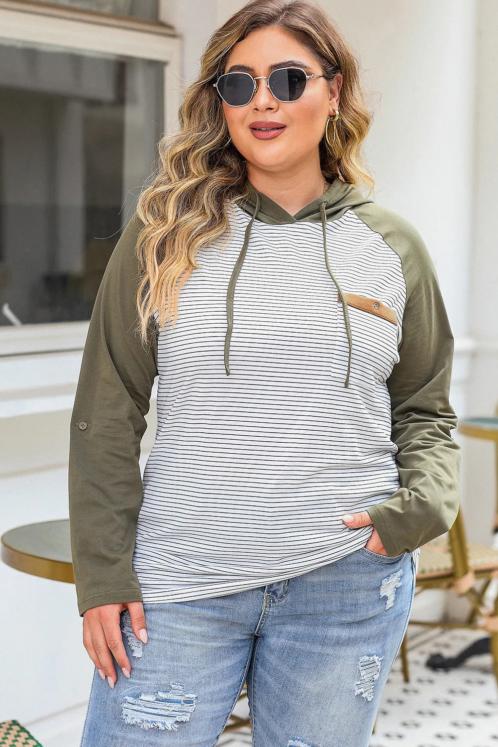 Green Striped Raglan Sleeve Buttoned Pocket Plus Size Hoodie - Chic Meadow Boutique 