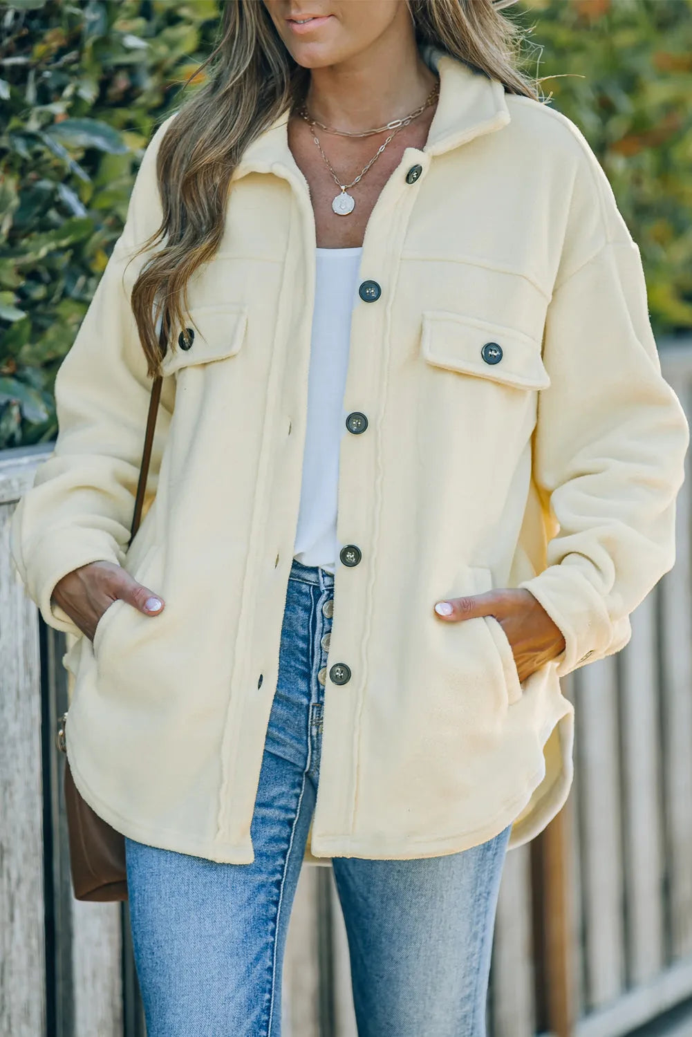 Beige Turn Down Collar Buttoned Shirt Jacket - Chic Meadow Boutique 