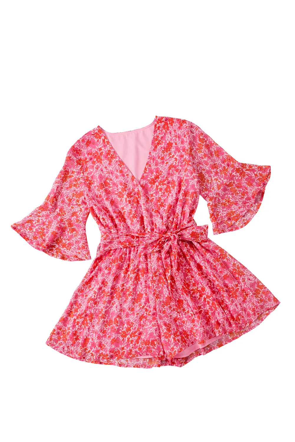 Pink V Neck Ruffled Sleeve Floral Romper - Chic Meadow Boutique 