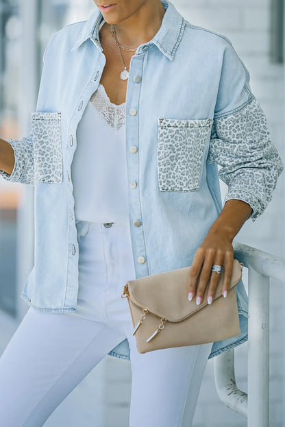 Sky Blue Contrast Leopard Denim Jacket - Chic Meadow Boutique 