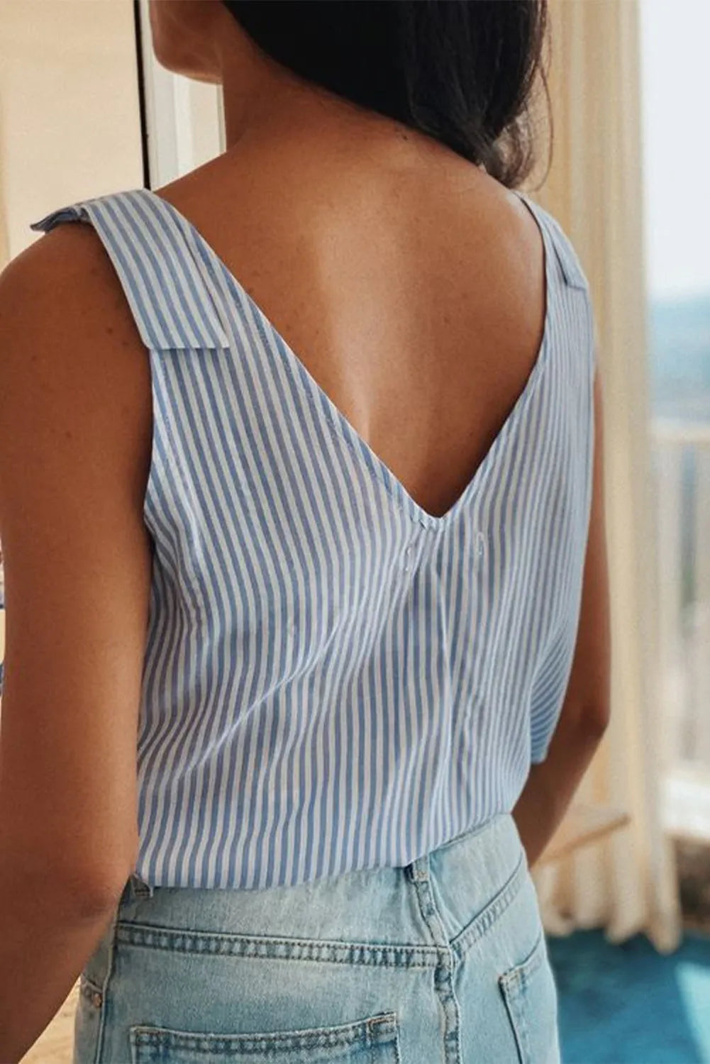 Sky Blue Stripe Scalloped V Neck Buttoned Tank Top - Chic Meadow Boutique 