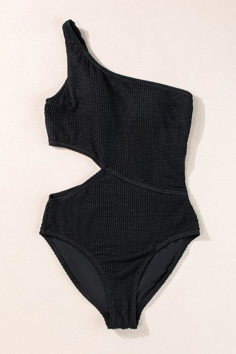 Black Solid Textured Cut Out One Shoulder Monokini - Chic Meadow Boutique 