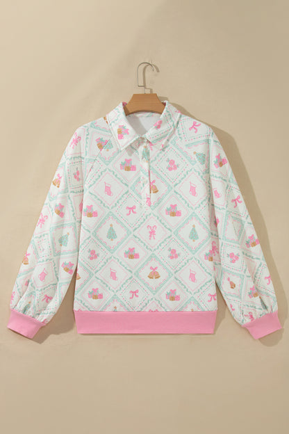 White Christmas Patchwork Collar Long Sleeve Pullover Sweatshirt