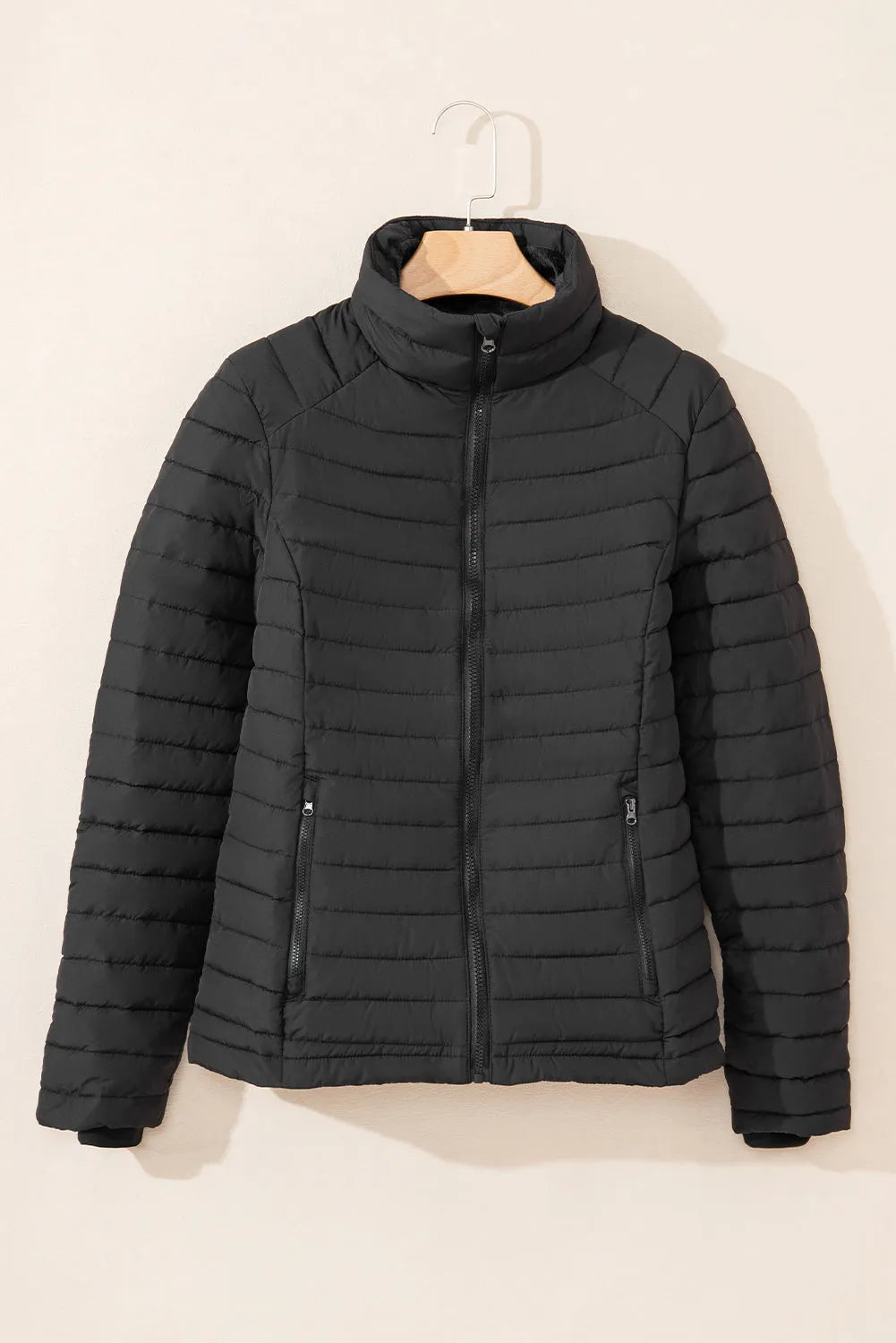 Black Solid Color Quilted Zip-up Puffer Jacket - Chic Meadow Boutique 