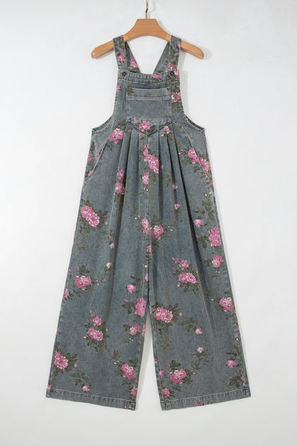 Gray Beau Floral Print Pleated High Waist Wide Leg Denim Jumpsuit
