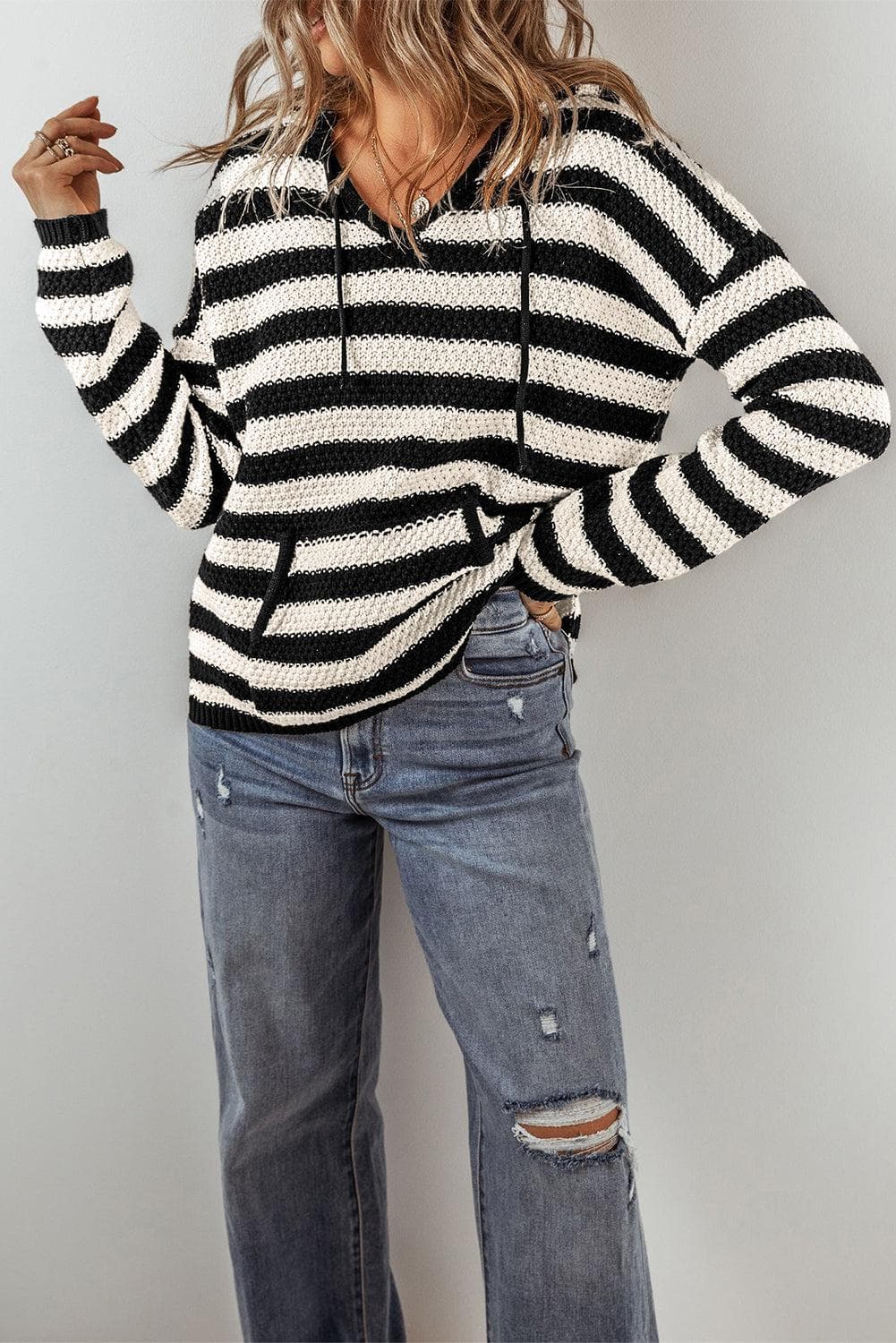 Sweaters & Cardigans/Sweaters White Stripe V Neck Pocketed Drawstring Hooded Sweater