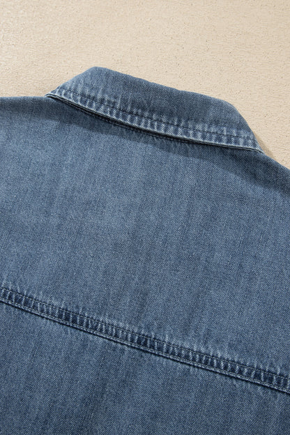 Sky Blue Color Block Pocket Detail Casual Button Down Denim Shirt