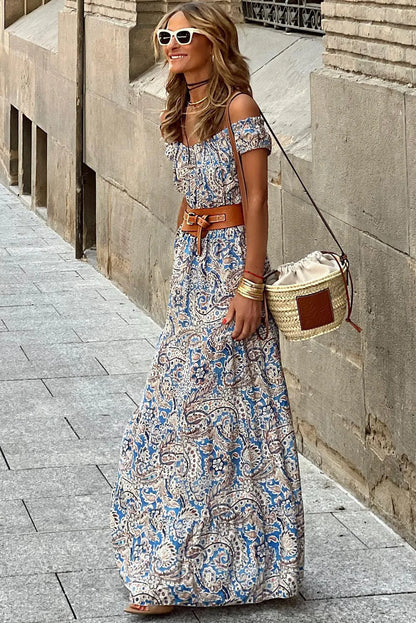 Blue Boho Paisley Print Off Shoulder Maxi Dress - Chic Meadow Boutique 