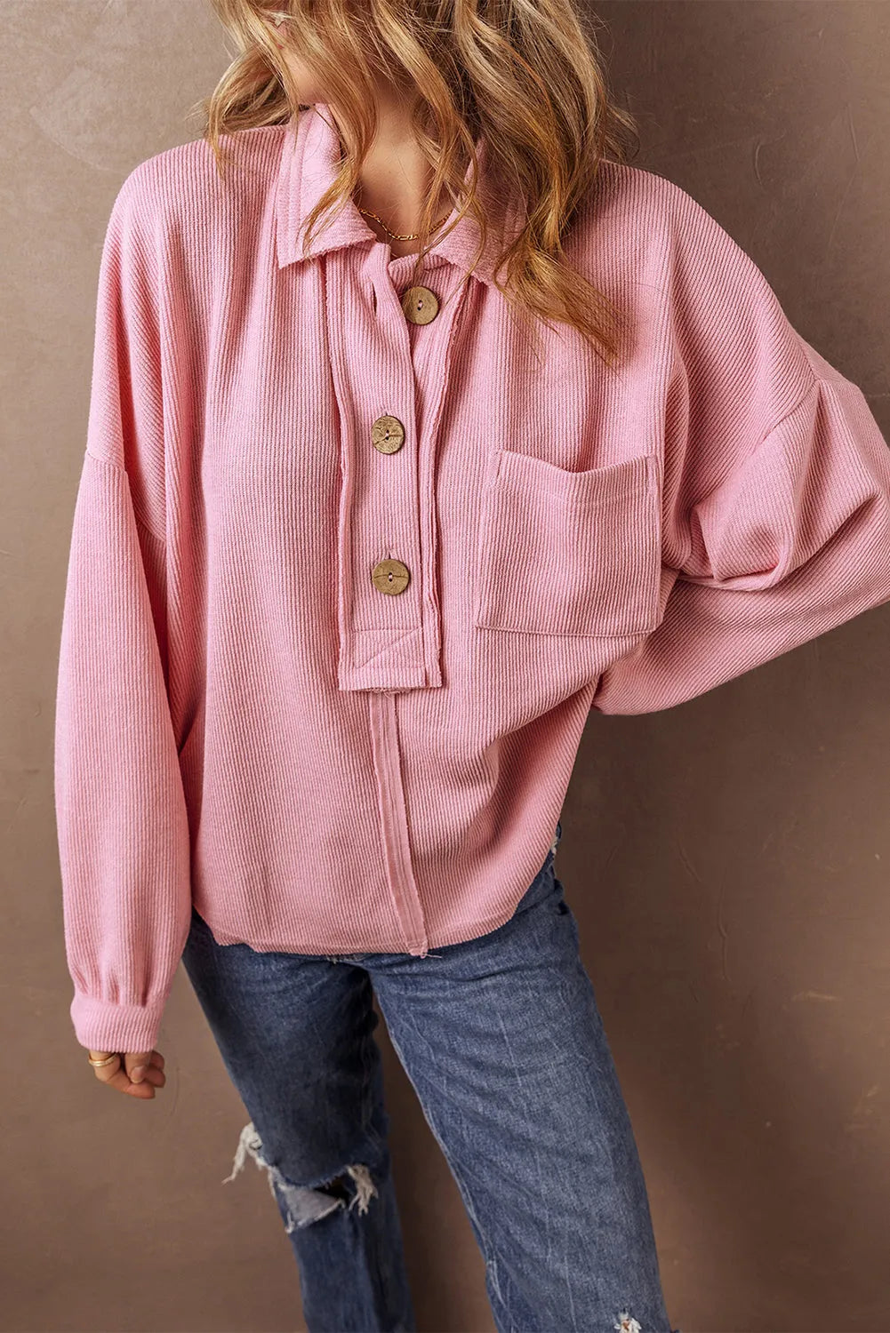 Tops/Blouses & Shirts Pink / S / 97%Polyester+3%Elastane Pink Ribbed Knit Collared Henley Top with Chest Pocket