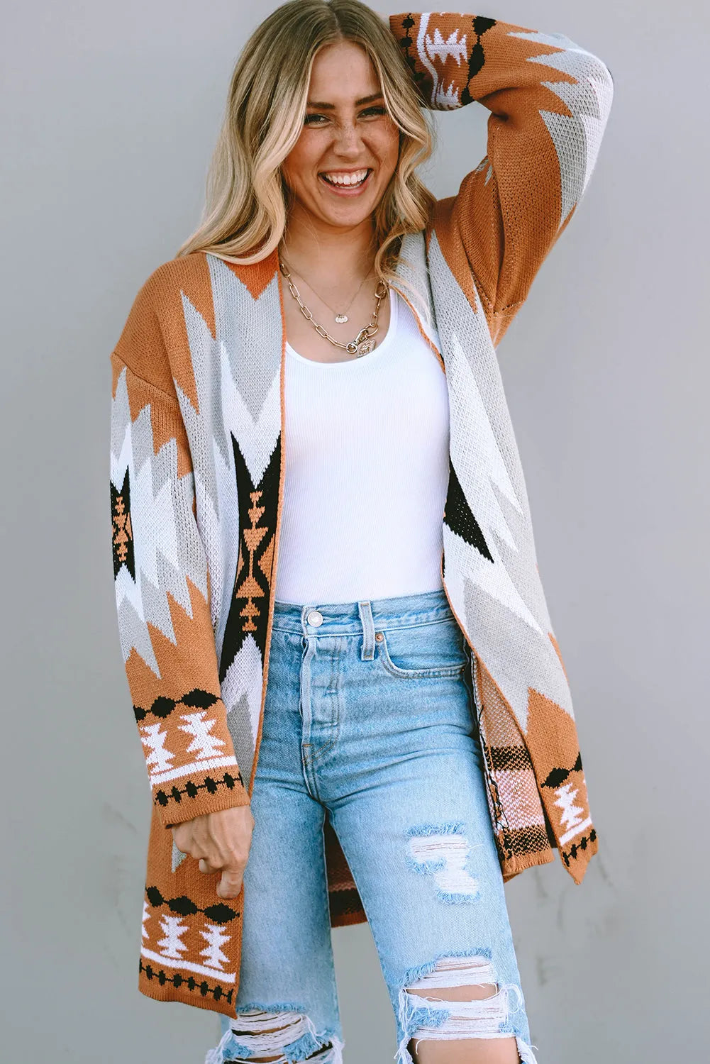 Gold Flame Aztec Graphic Open-Front Cardigan - Chic Meadow Boutique 