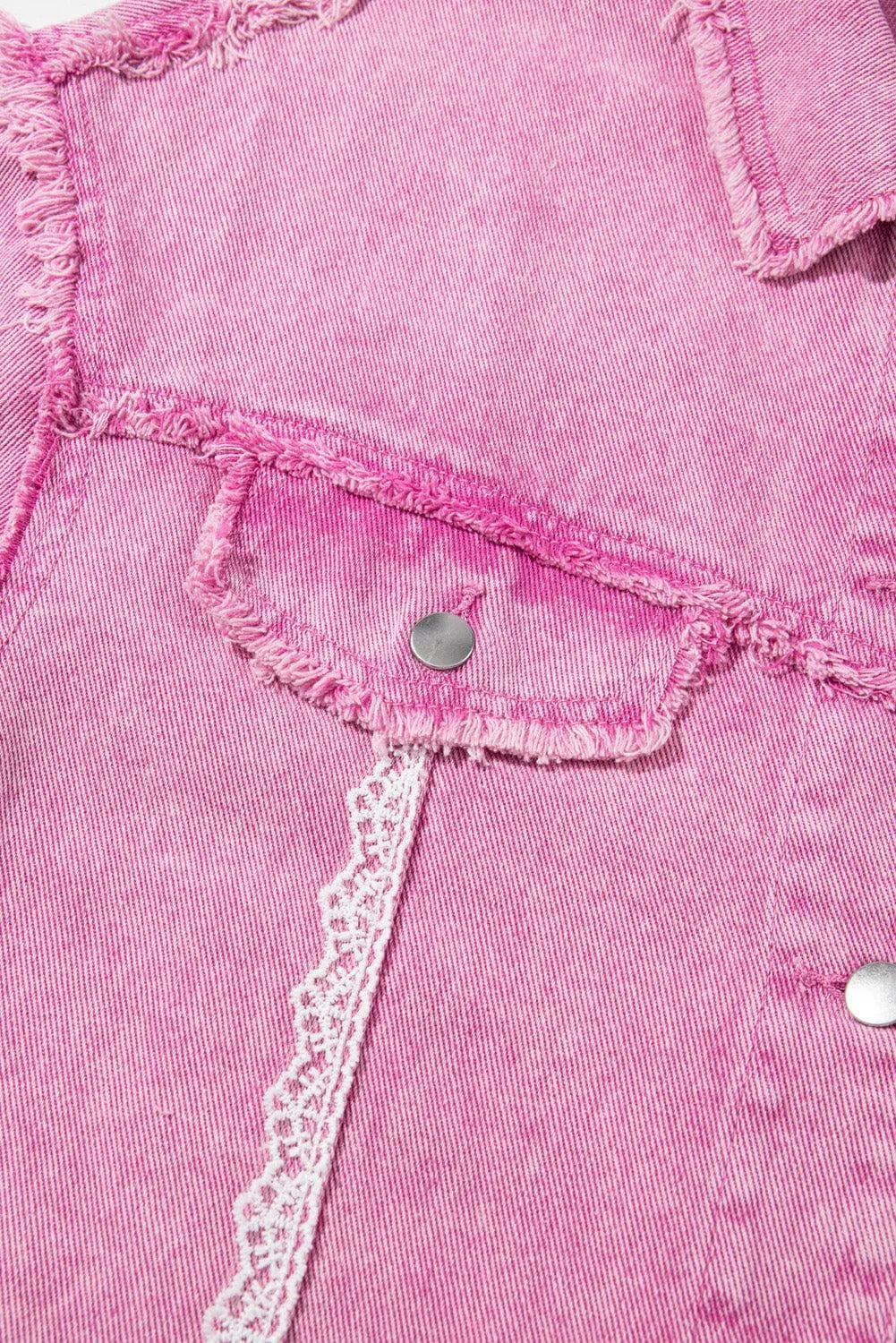 Outerwear/Denim jackets Pink Lace Patchwork Distressed Buttoned Denim Jacket