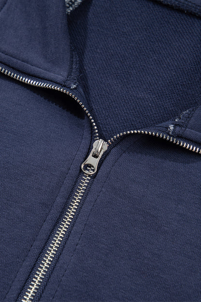 Navy Blue Patchwork Plaid Pocket Quarter Zip Sweatshirt