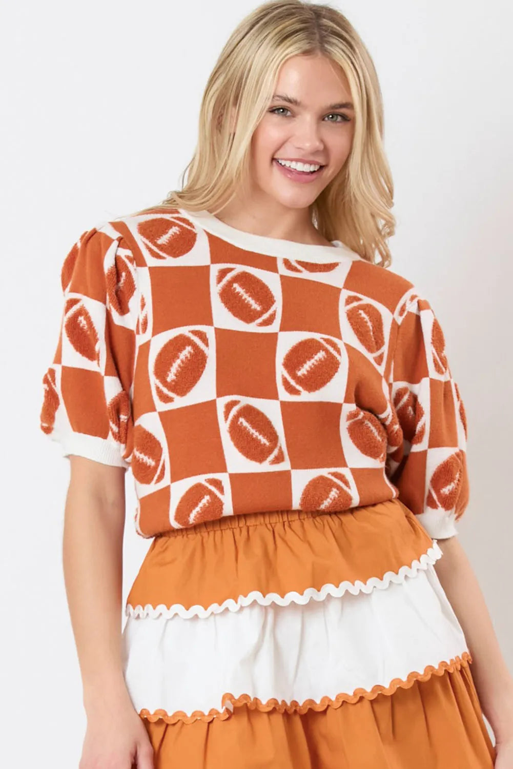 Orange Rugby Plaid Color Block Puff Short Sleeve Sweater - Chic Meadow Boutique 