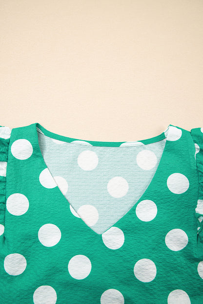 Green Polka Dot Print Ruffled Sleeve V Neck Blouse