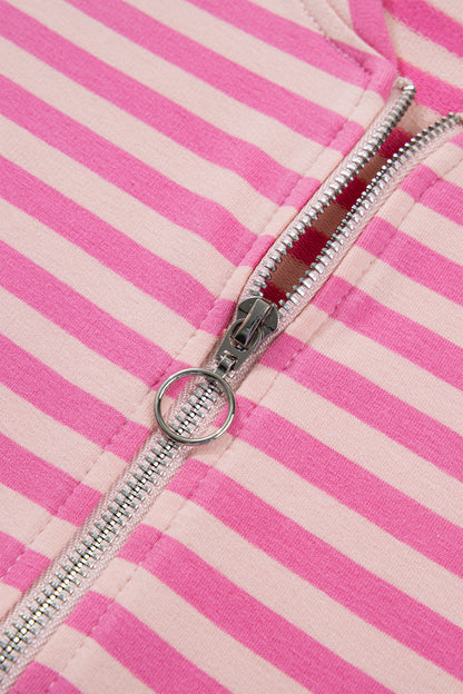 Pink Stripe Zip-up Puff Sleeve Zip Jacket Sweatshirt