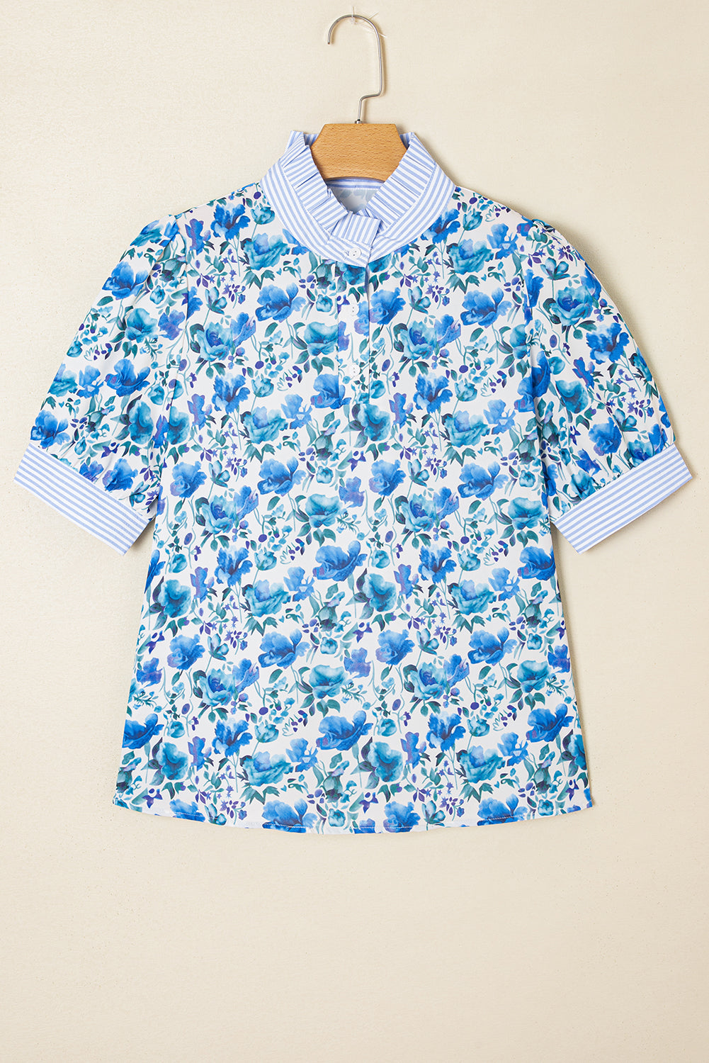 Sky Blue Floral Print Striped Patchwork Collared Short Sleeve Blouse