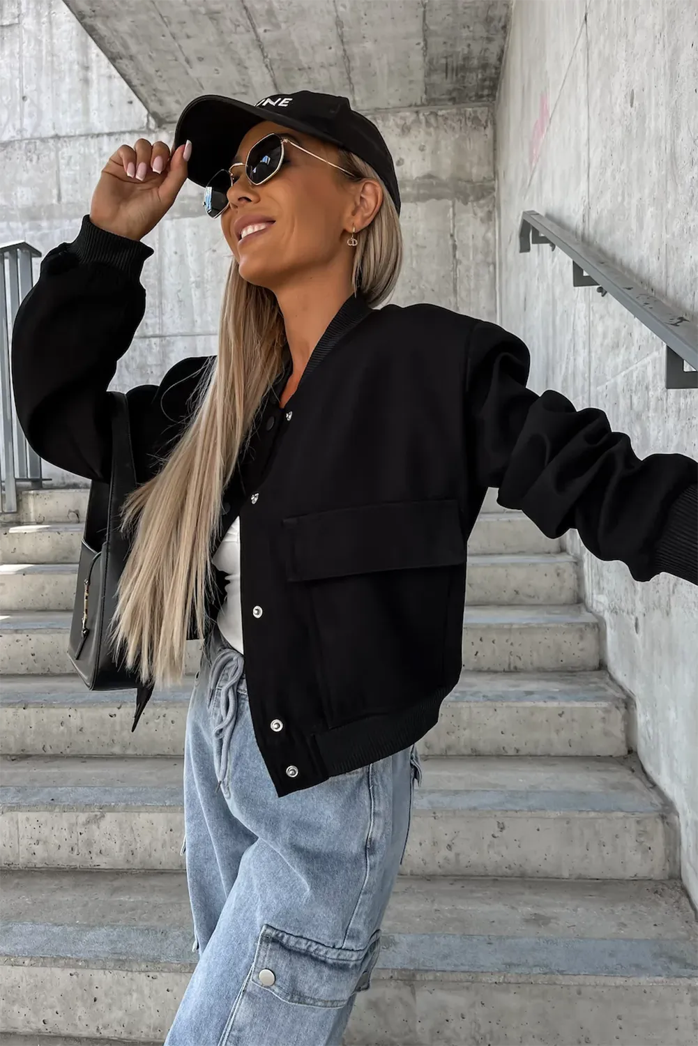 Black Big Pockets Baseball Collar Jacket - Chic Meadow Boutique 