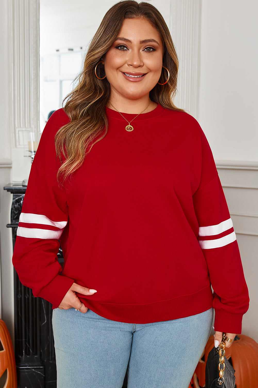 Fiery Red Varsity Striped Detail Crew Neck Plus Sweatshirt