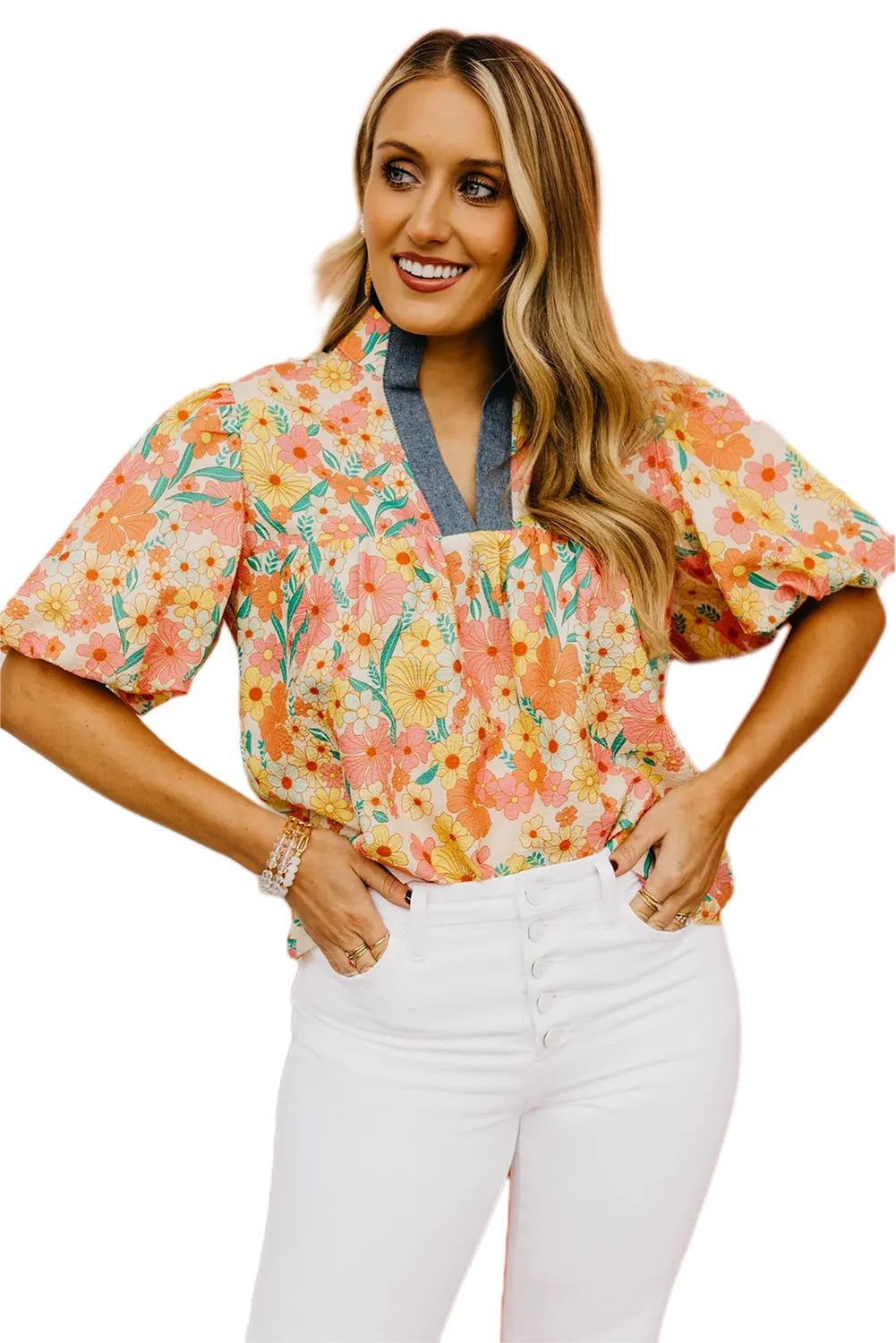 Multicolour Floral Print Bubble Sleeve V Neck Blouse - Chic Meadow Boutique 