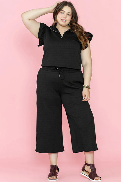 Black Plus Ruffled Sleeve Quarter Zip Top Wide Leg Pants Set - Chic Meadow Boutique 