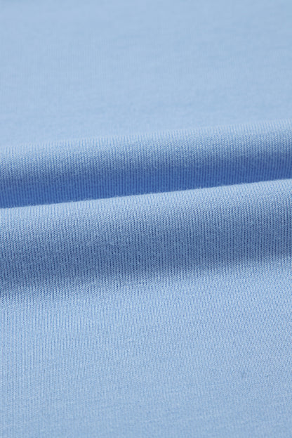 Beau Blue Eyelet Flower Embroidered Puff Short Sleeve Patchwork Crew Neck Blouse